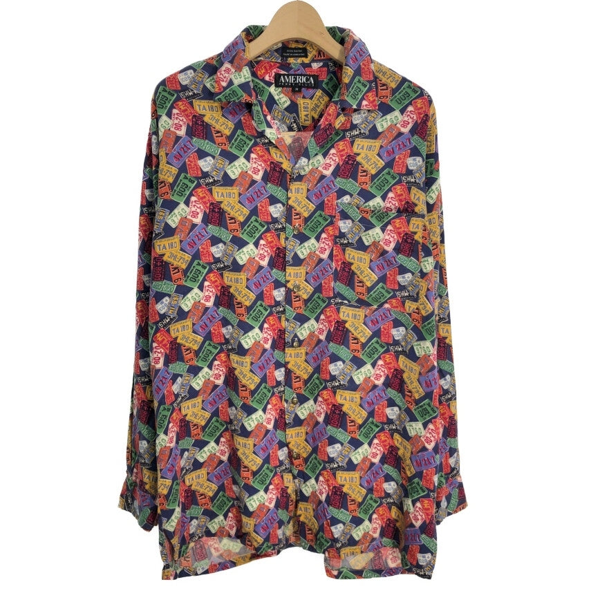 90s PERRY ELLIS LICENSE PLATE Pattern Open Collar Shirt M [ 10745 ]