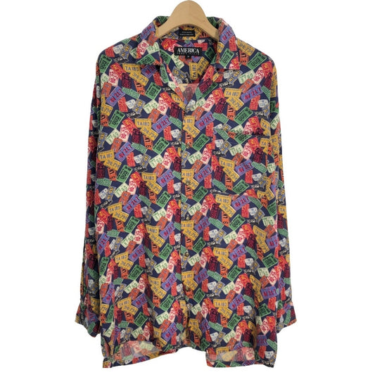 90s PERRY ELLIS LICENSE PLATE Pattern Open Collar Shirt M [ 10745 ]