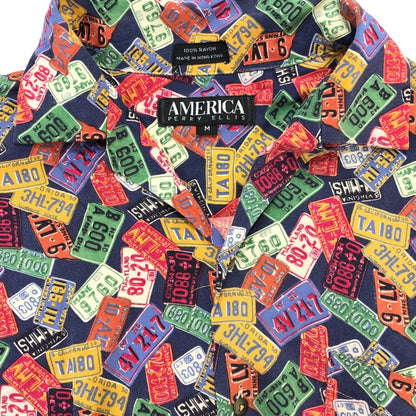 90s PERRY ELLIS LICENSE PLATE Pattern Open Collar Shirt M [ 10745 ]